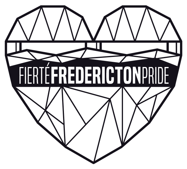 Black geometric heart shaped logo that reads Fierté Fredericton Pride in the middle. The top of the heart suggests the structure of a train bridge with water underneath. The bottom of the heart is a geometric pattern. When in colour, this portion of the logo has 18 different colours arranged from black to pink.